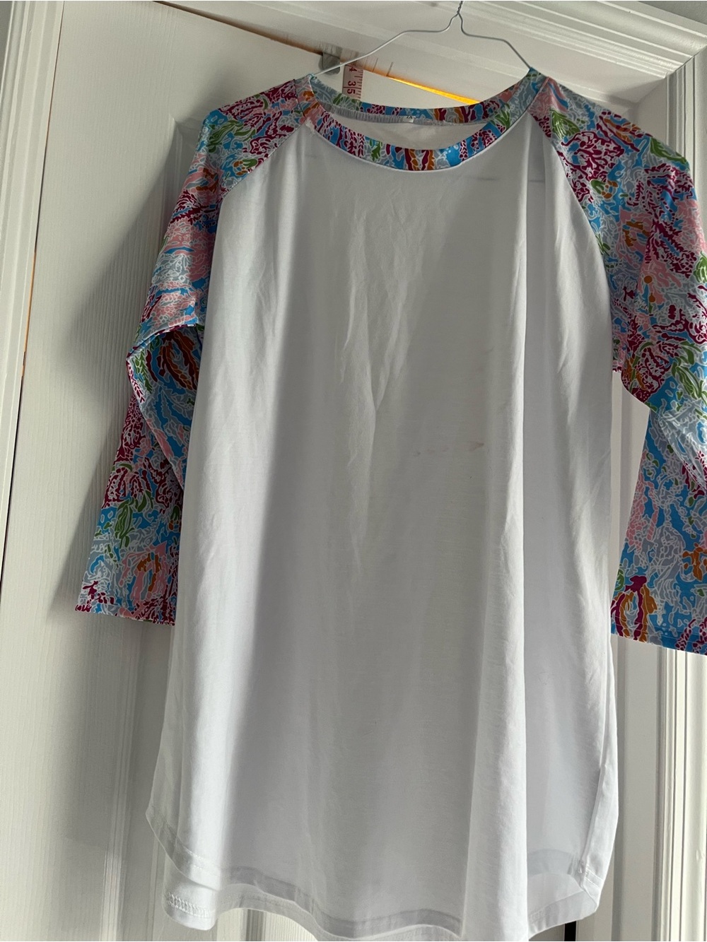 White Raglan Long Sleeve Tee with Multicolor Floral Sleeves